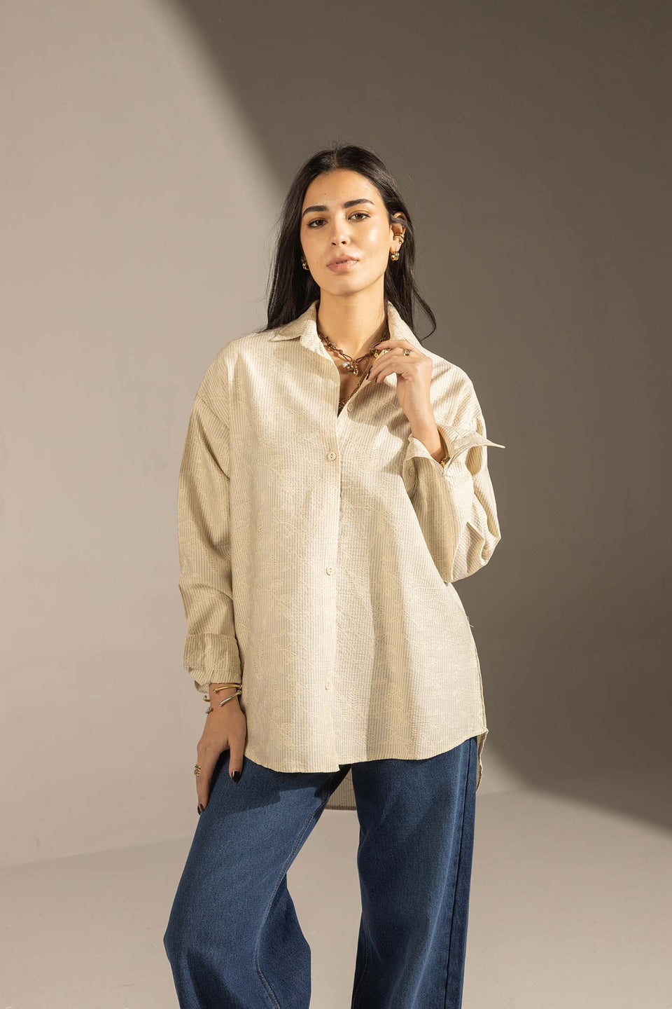Beige Textured Relaxed Fit Button-Up Shirt