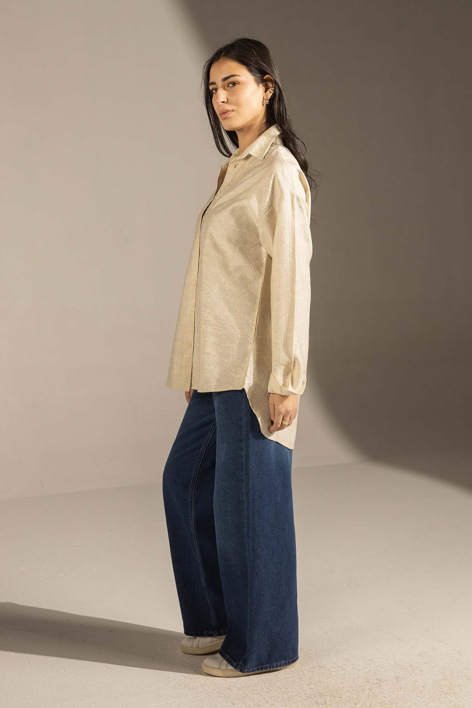 Beige Textured Relaxed Fit Button-Up Shirt