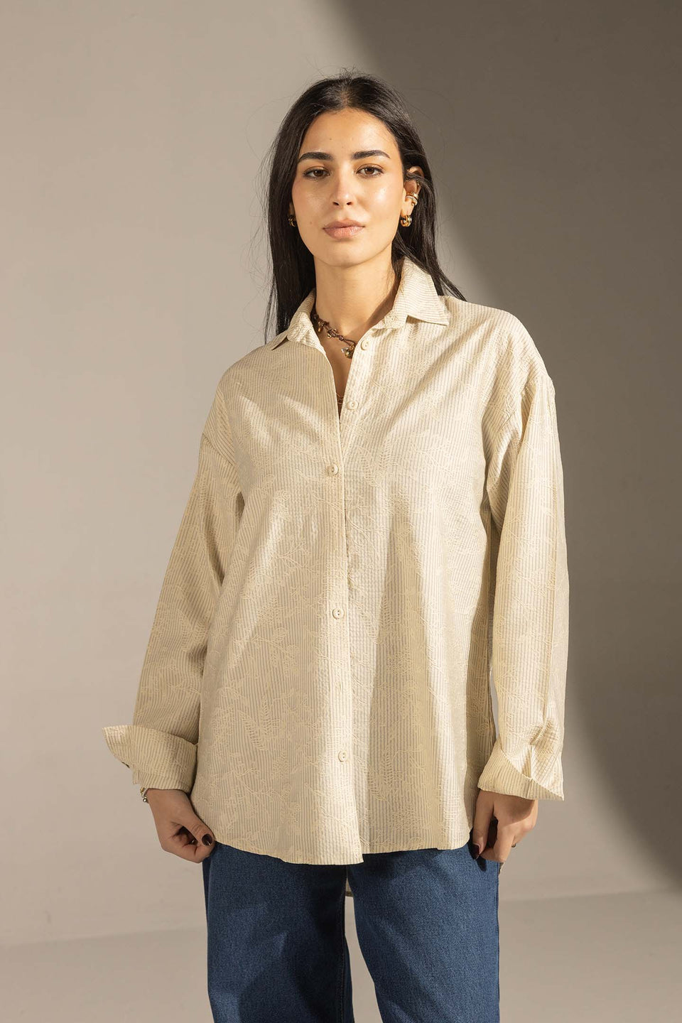 Beige Textured Relaxed Fit Button-Up Shirt