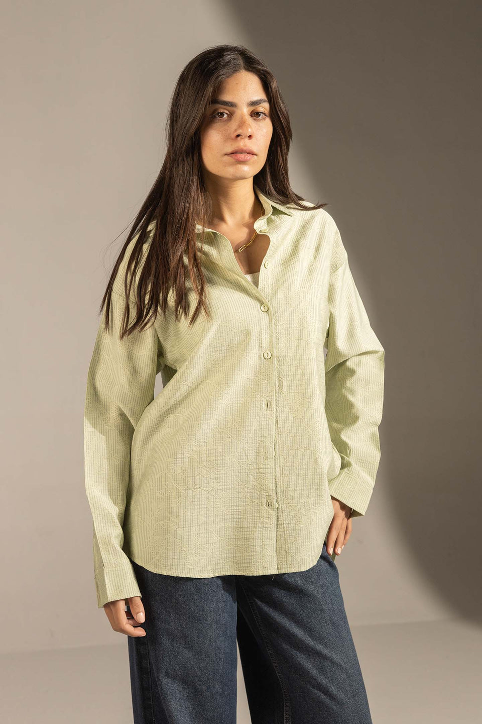 Lime Textured Relaxed Fit Button-Up Shirt