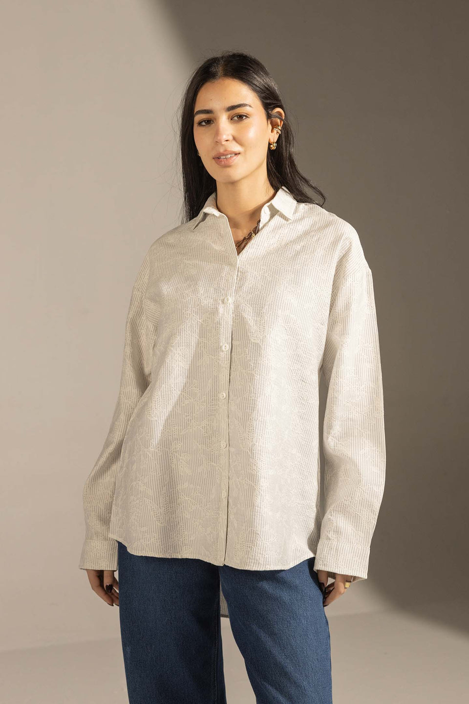 White Textured Relaxed Fit Button-Up Shirt