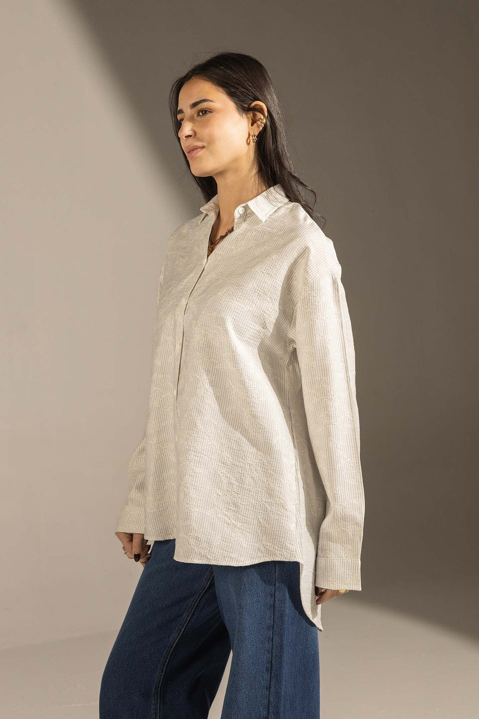 White Textured Relaxed Fit Button-Up Shirt