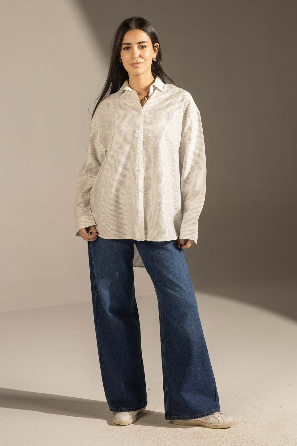 White Textured Relaxed Fit Button-Up Shirt
