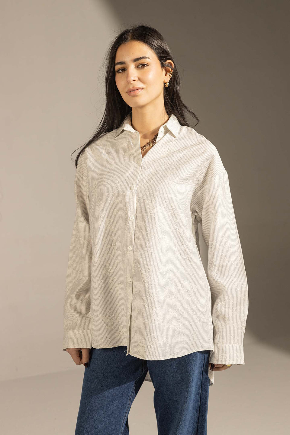 White Textured Relaxed Fit Button-Up Shirt