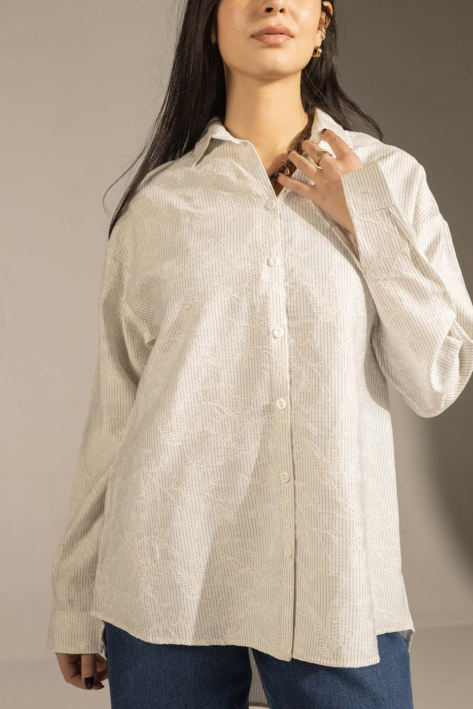White Textured Relaxed Fit Button-Up Shirt