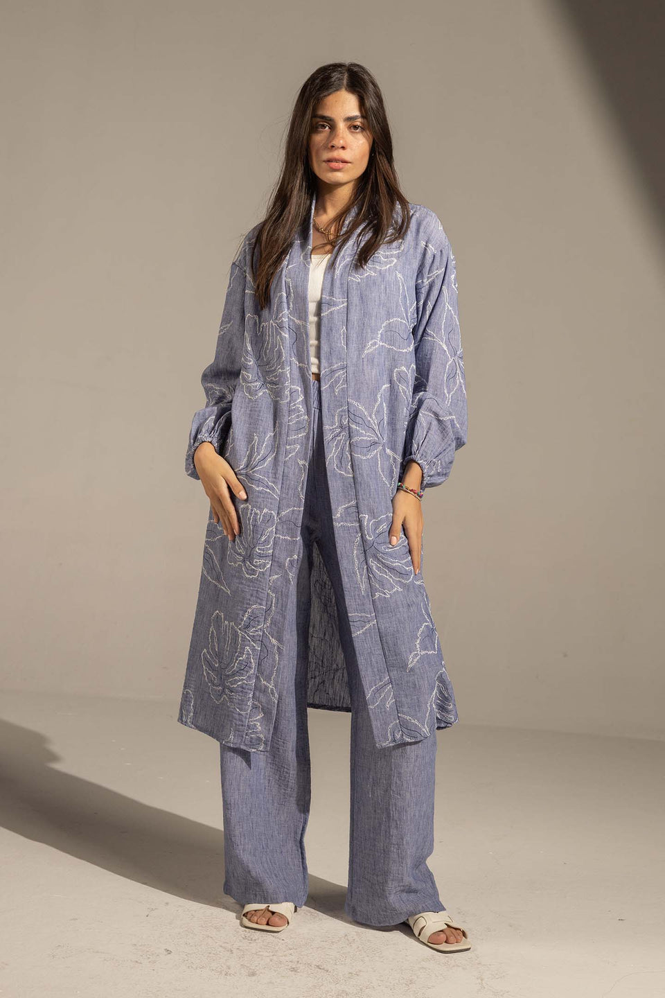 Blue Embroidered Relaxed Fit Kimono Set