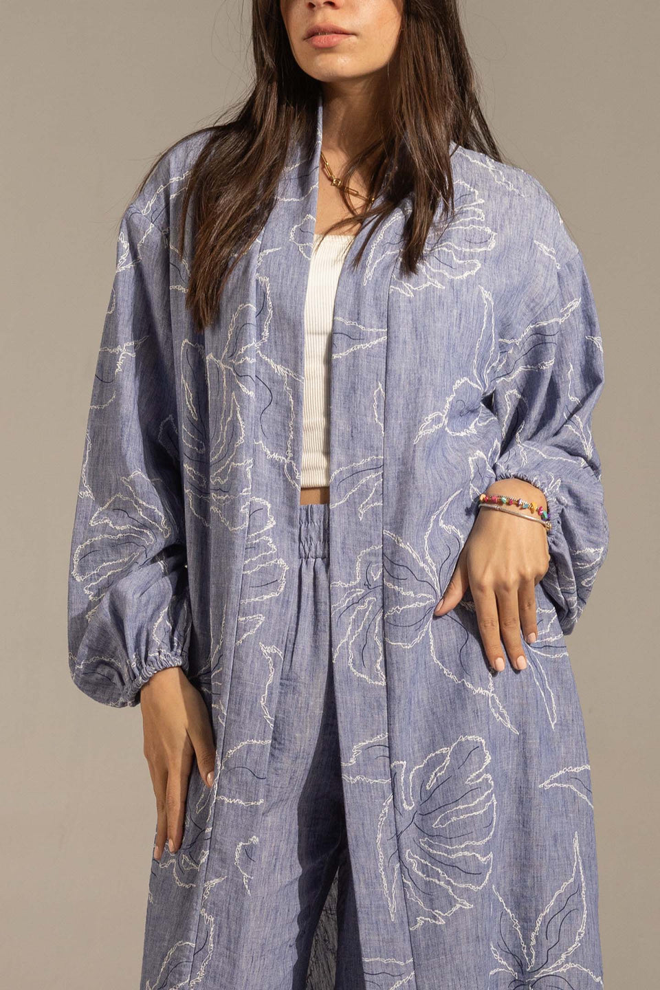 Blue Embroidered Relaxed Fit Kimono Set