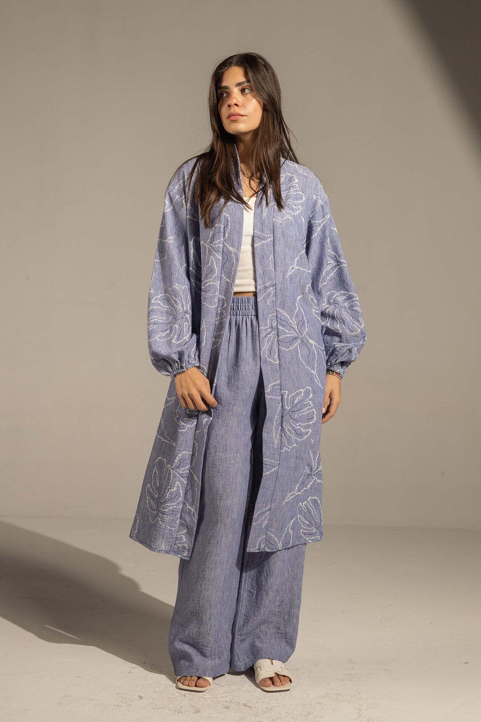 Blue Embroidered Relaxed Fit Kimono Set