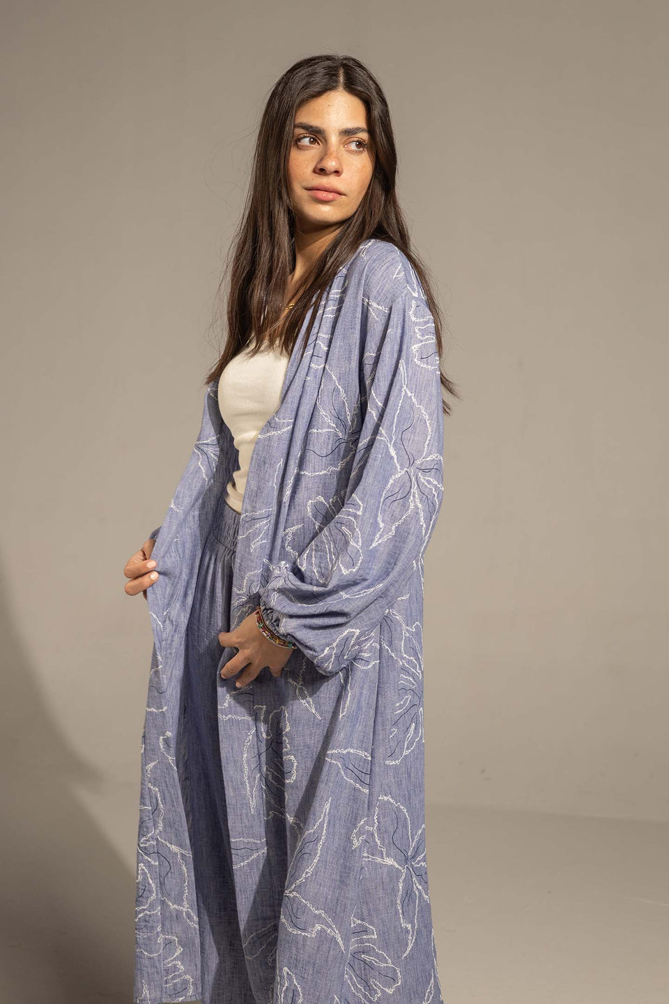 Blue Embroidered Relaxed Fit Kimono Set