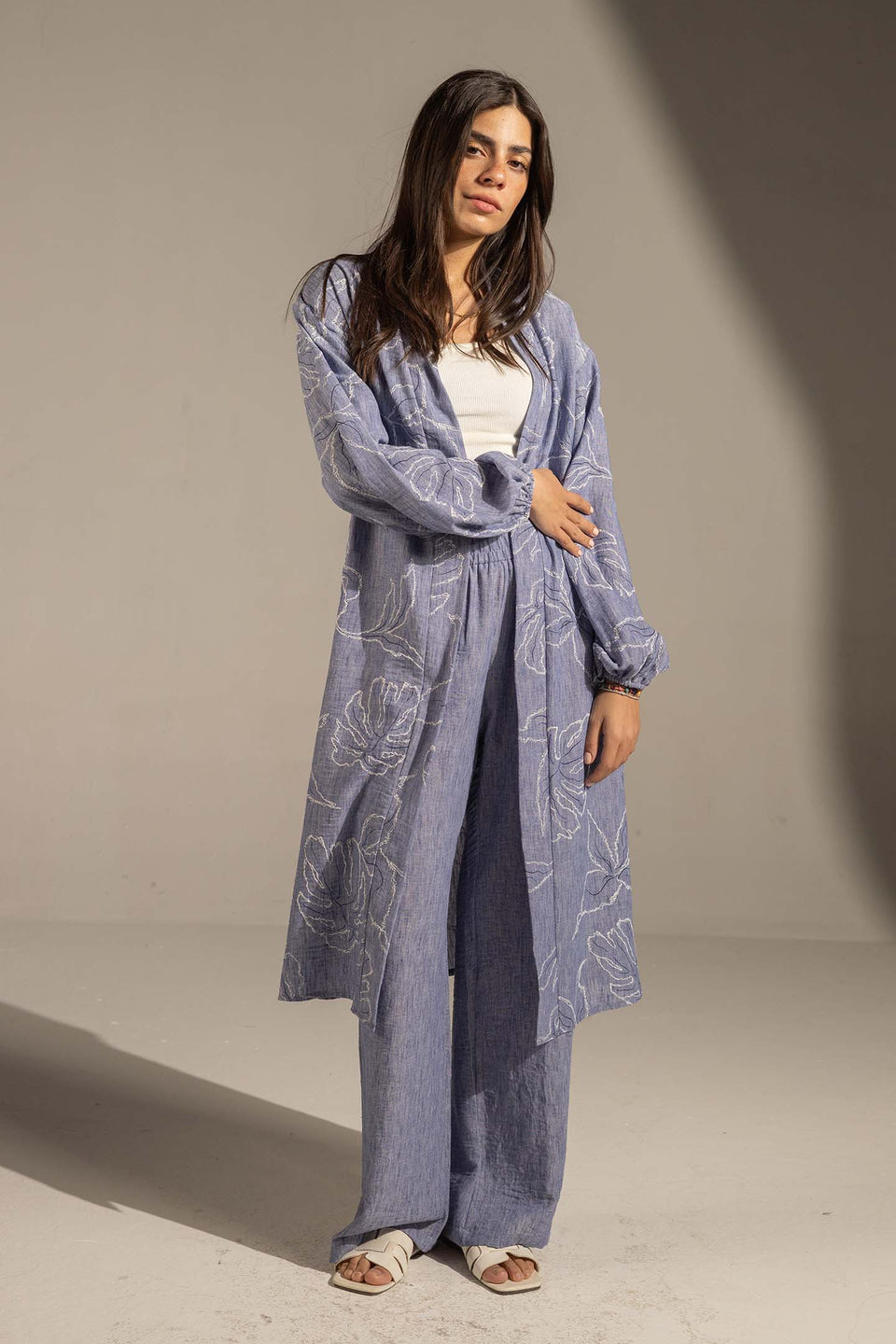 Blue Embroidered Relaxed Fit Kimono Set