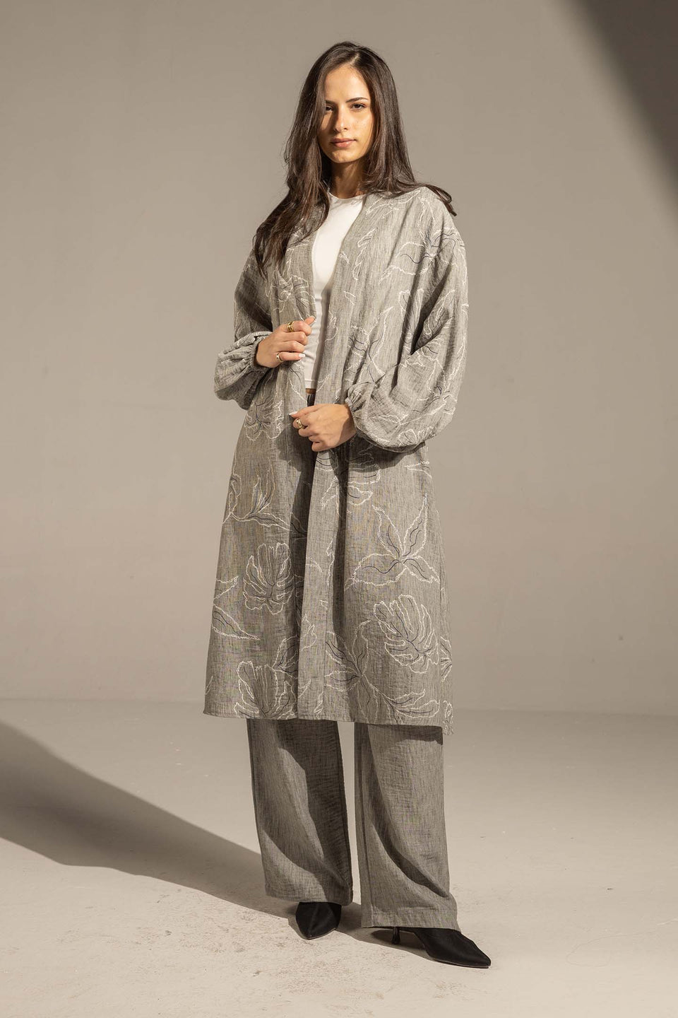 Grey Embroidered Relaxed Fit Kimono Set