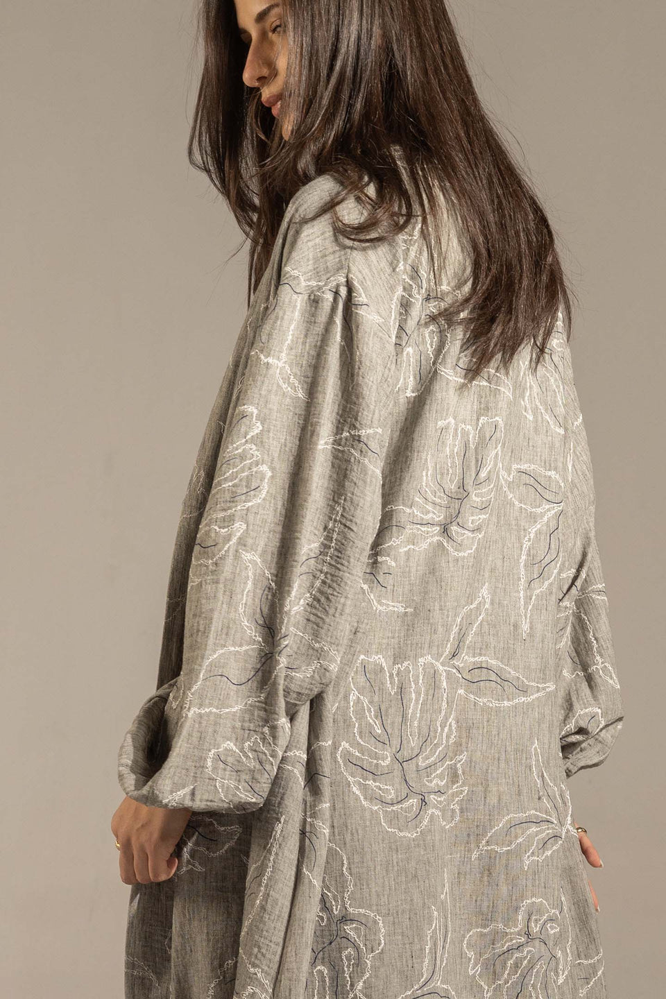 Grey Embroidered Relaxed Fit Kimono Set