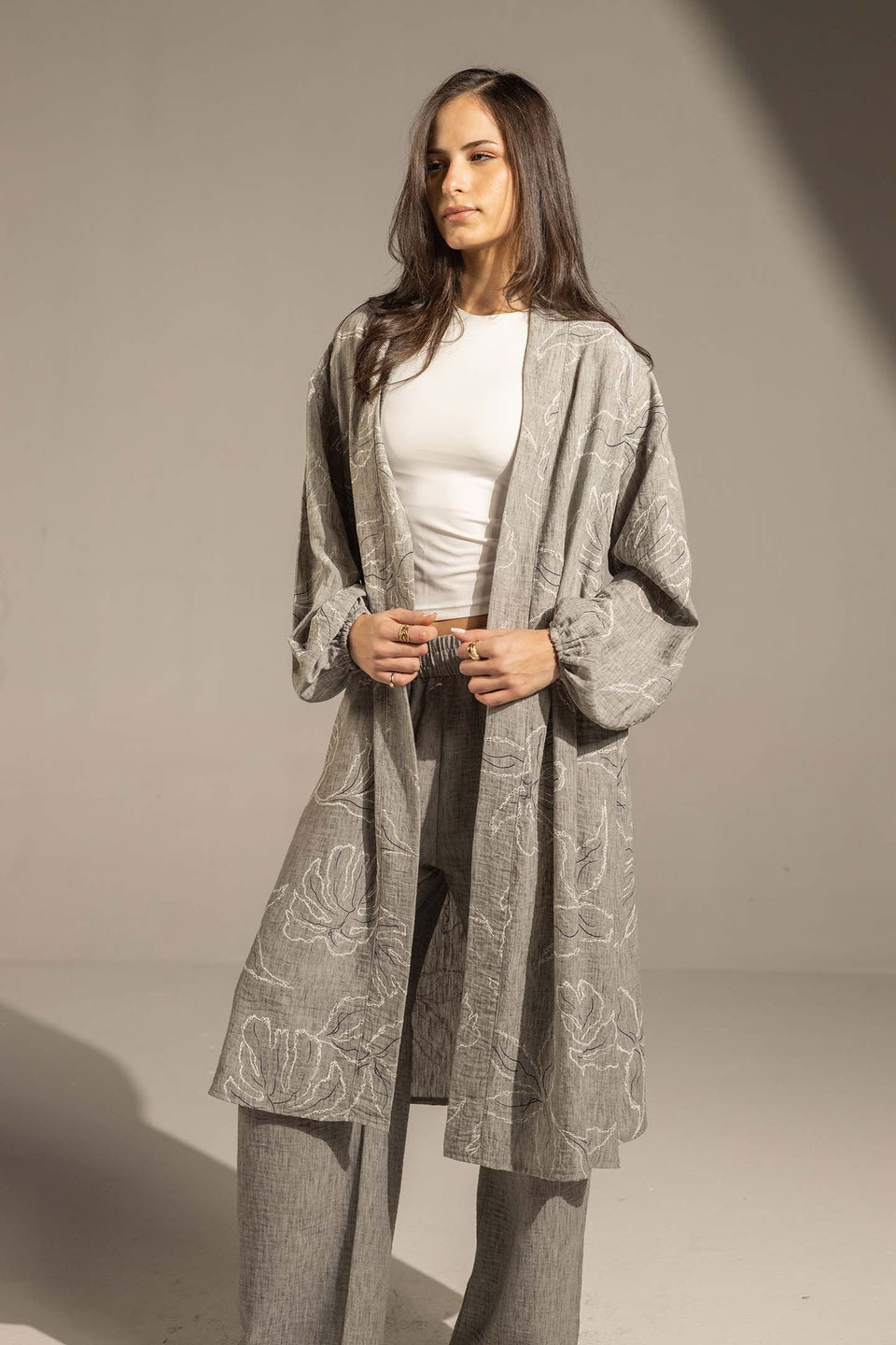 Grey Embroidered Relaxed Fit Kimono Set