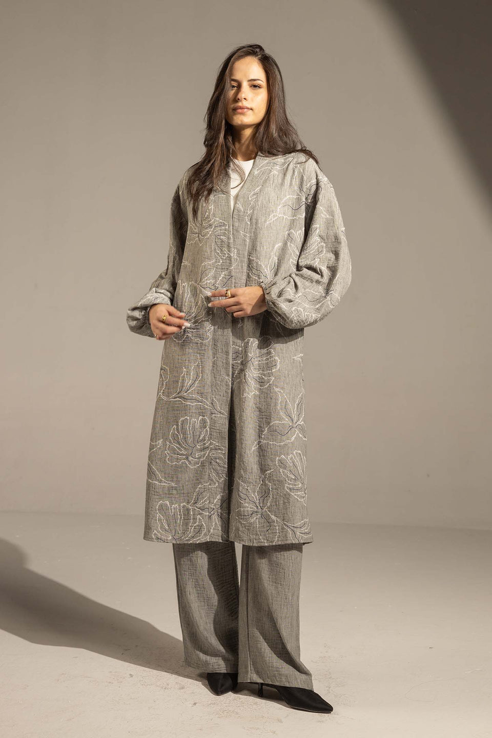 Grey Embroidered Relaxed Fit Kimono Set