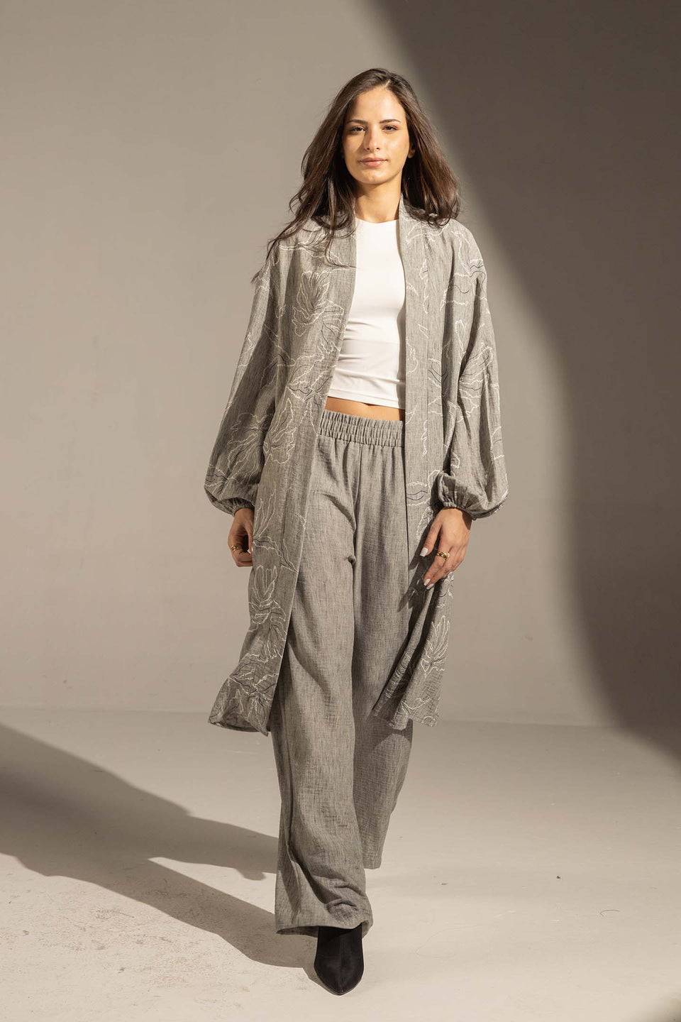 Grey Embroidered Relaxed Fit Kimono Set