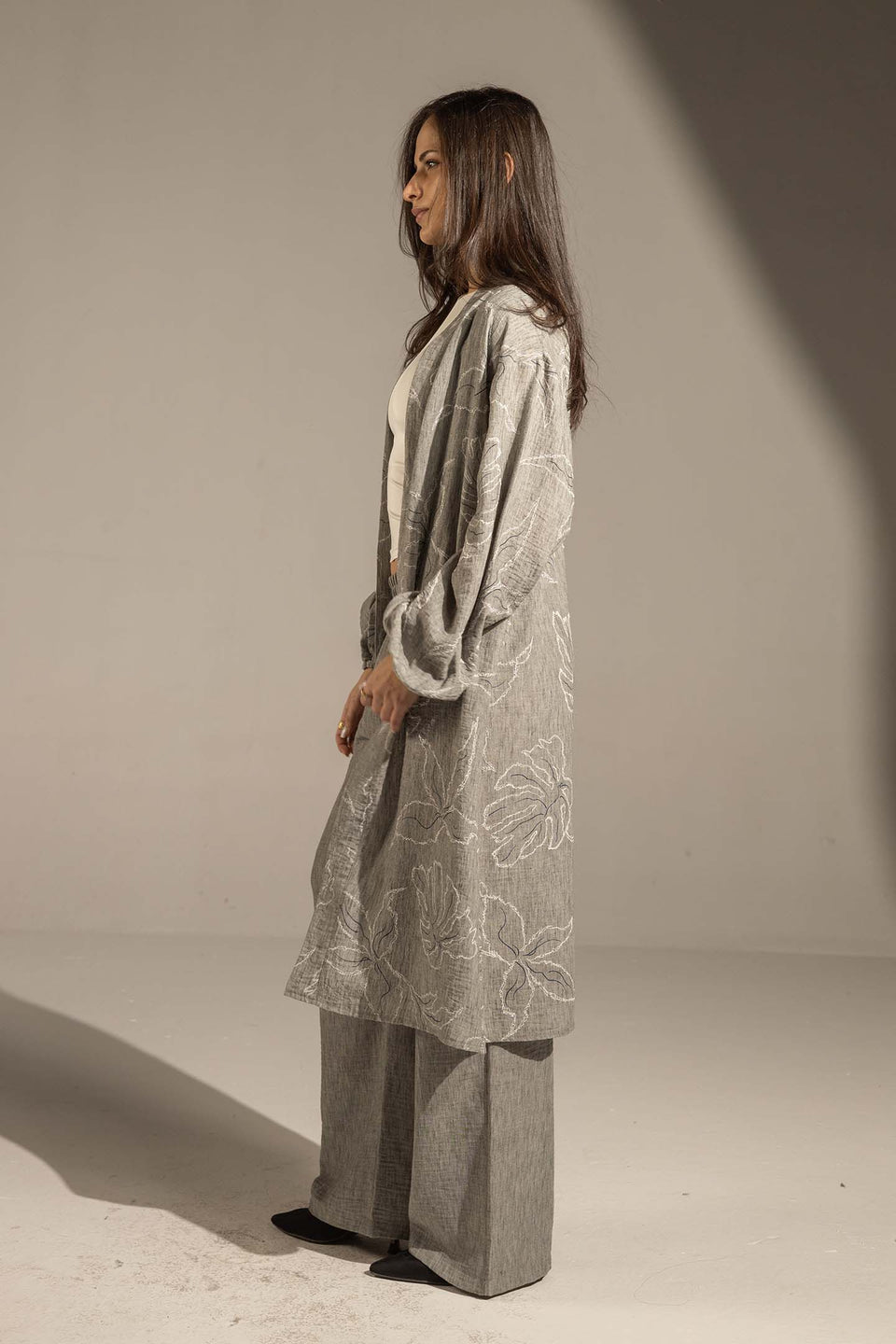 Grey Embroidered Relaxed Fit Kimono Set