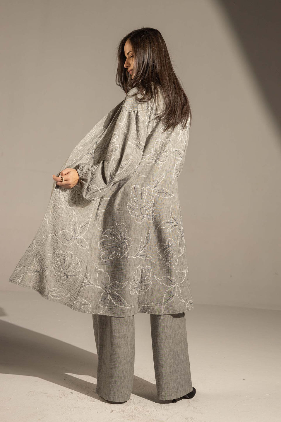 Grey Embroidered Relaxed Fit Kimono Set