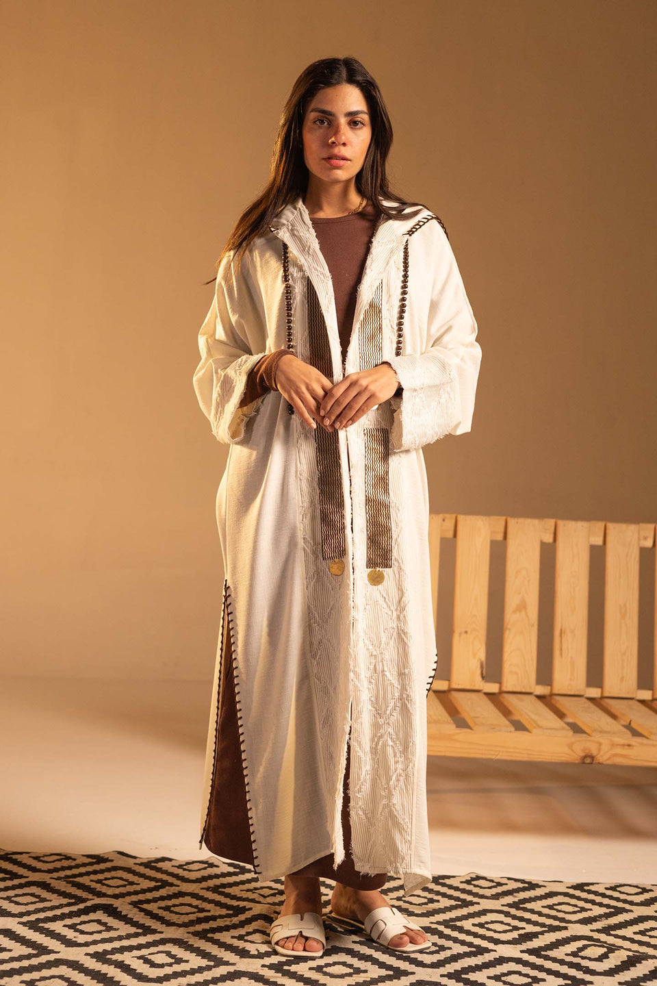 Beige Hooded Fringe Abaya Cardigan