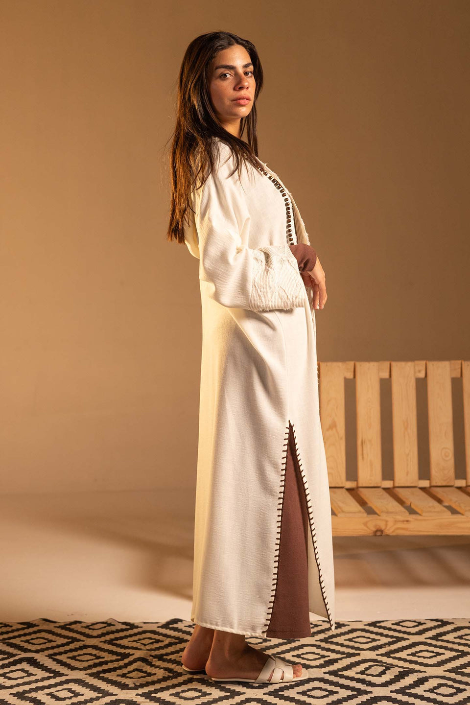 Beige Hooded Fringe Abaya Cardigan