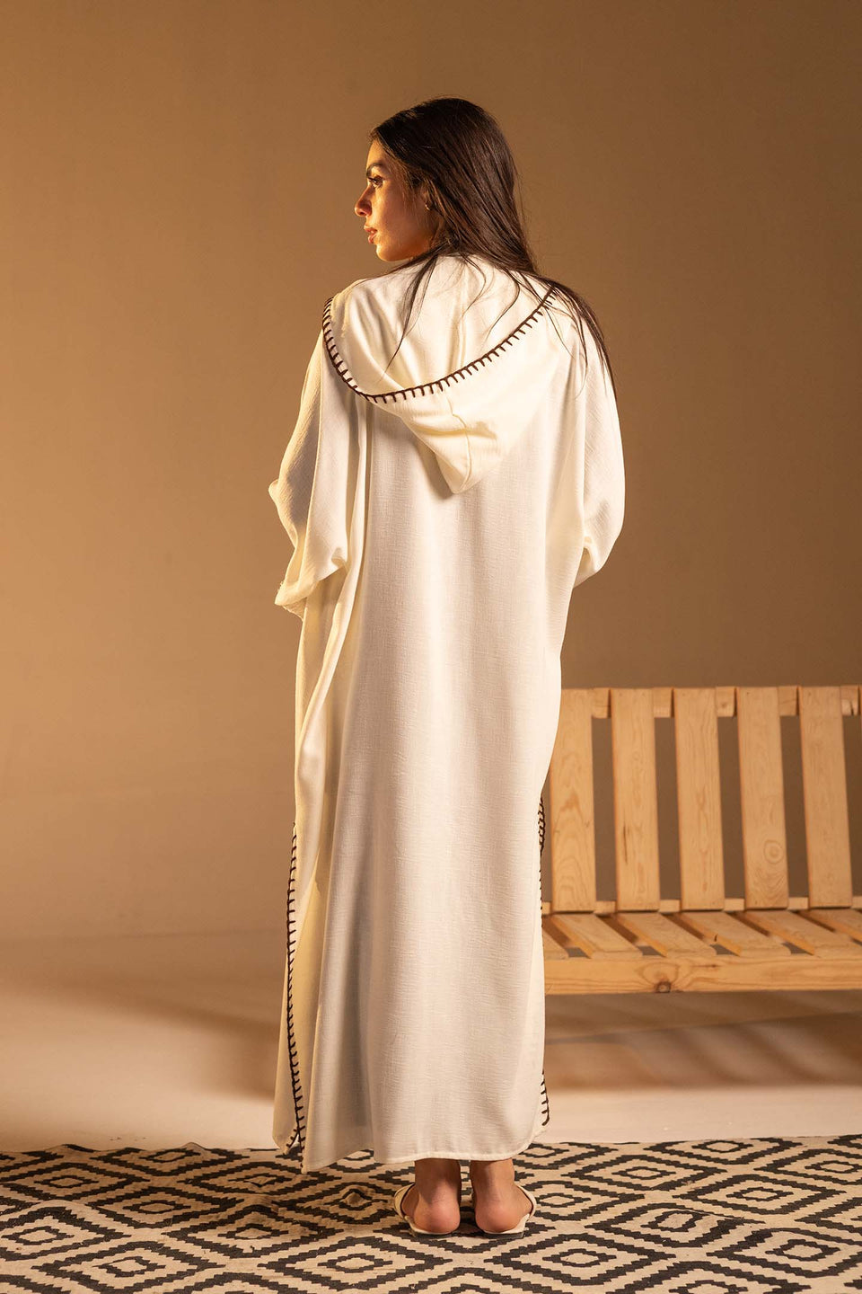 Beige Hooded Fringe Abaya Cardigan