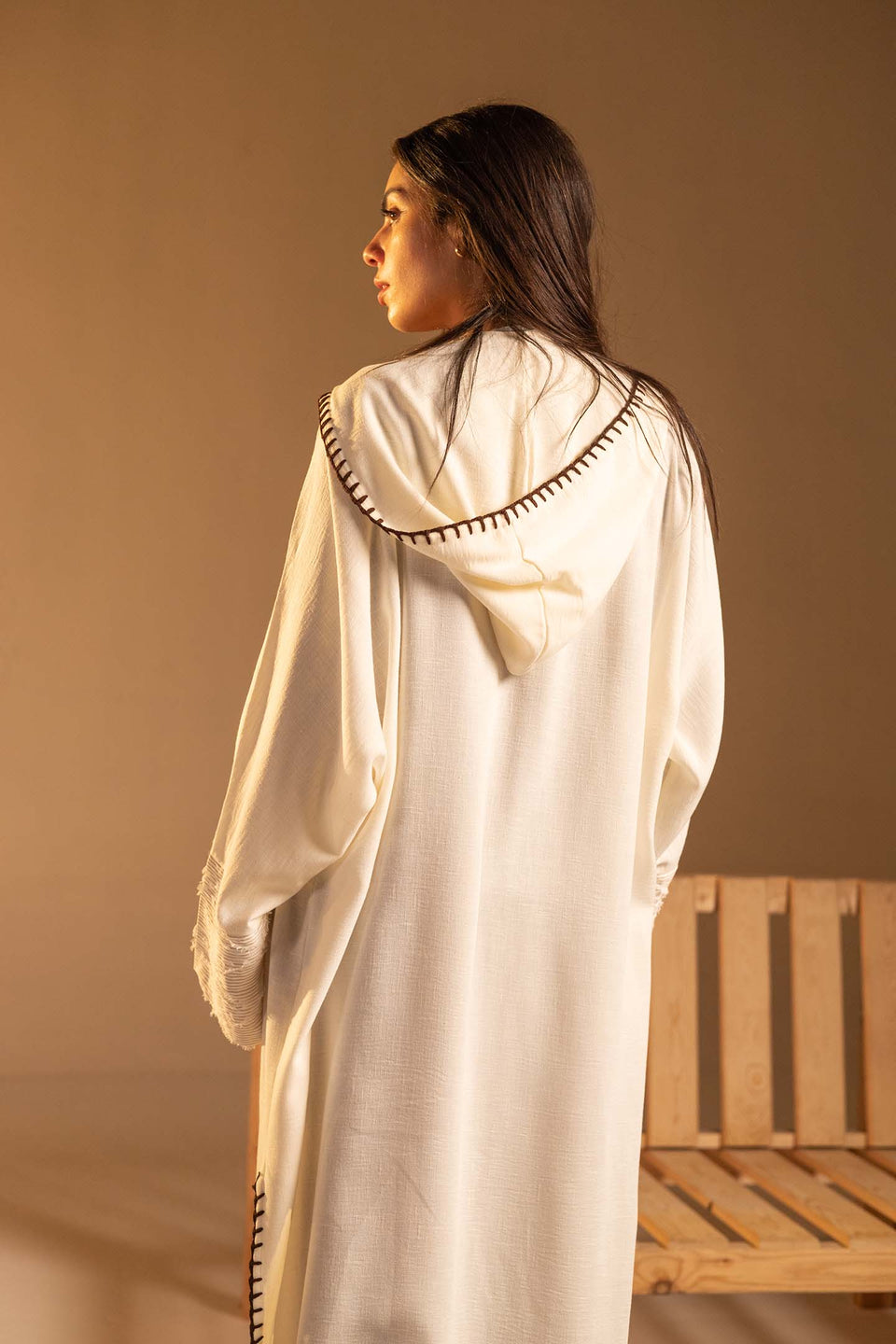 Beige Hooded Fringe Abaya Cardigan
