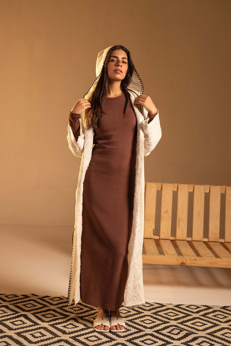 Beige Hooded Fringe Abaya Cardigan