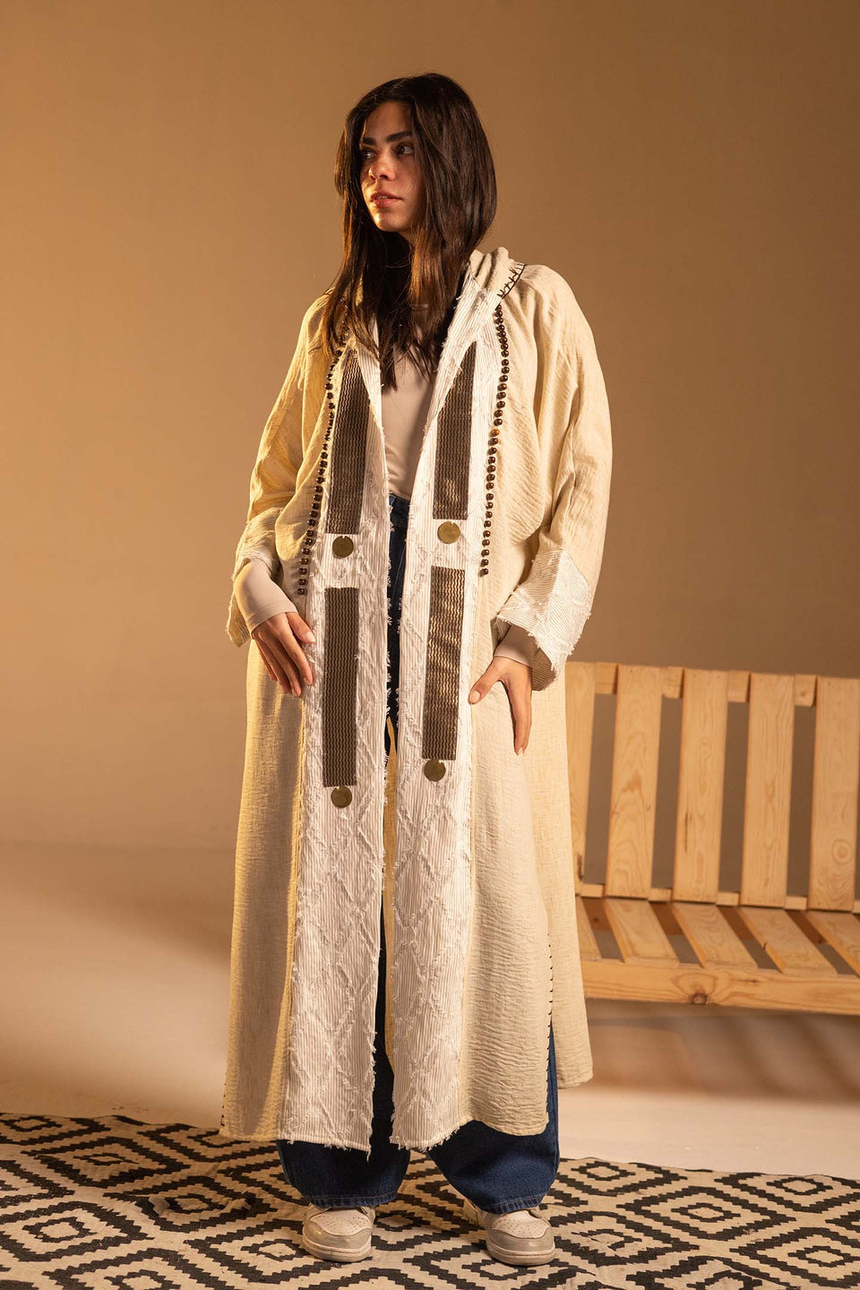 Beige Hooded Fringe Abaya Cardigan