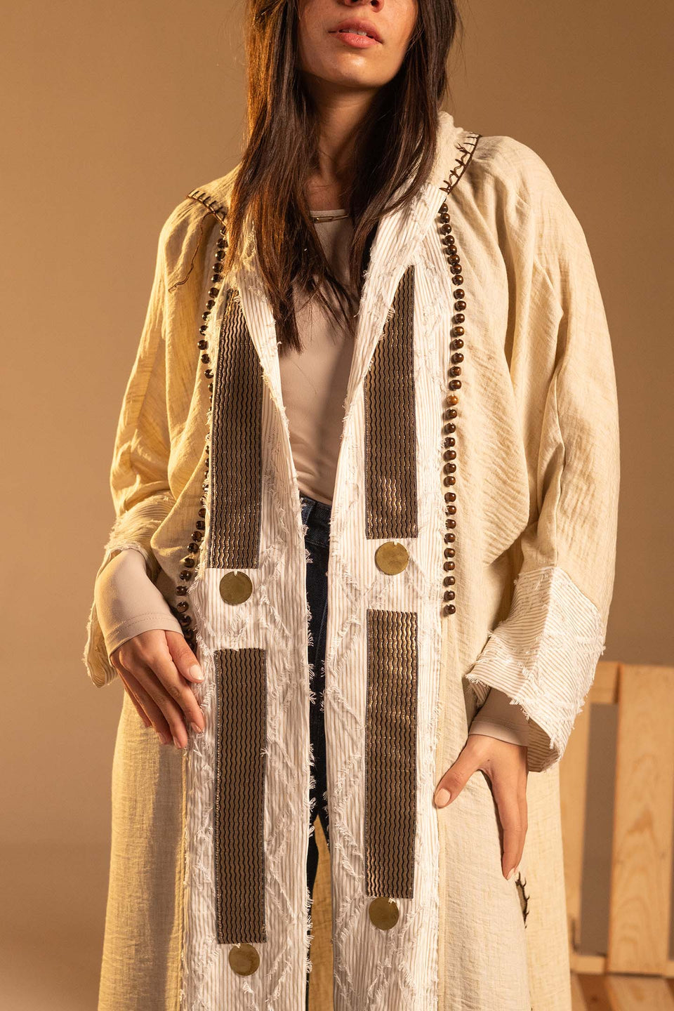 Beige Hooded Fringe Abaya Cardigan
