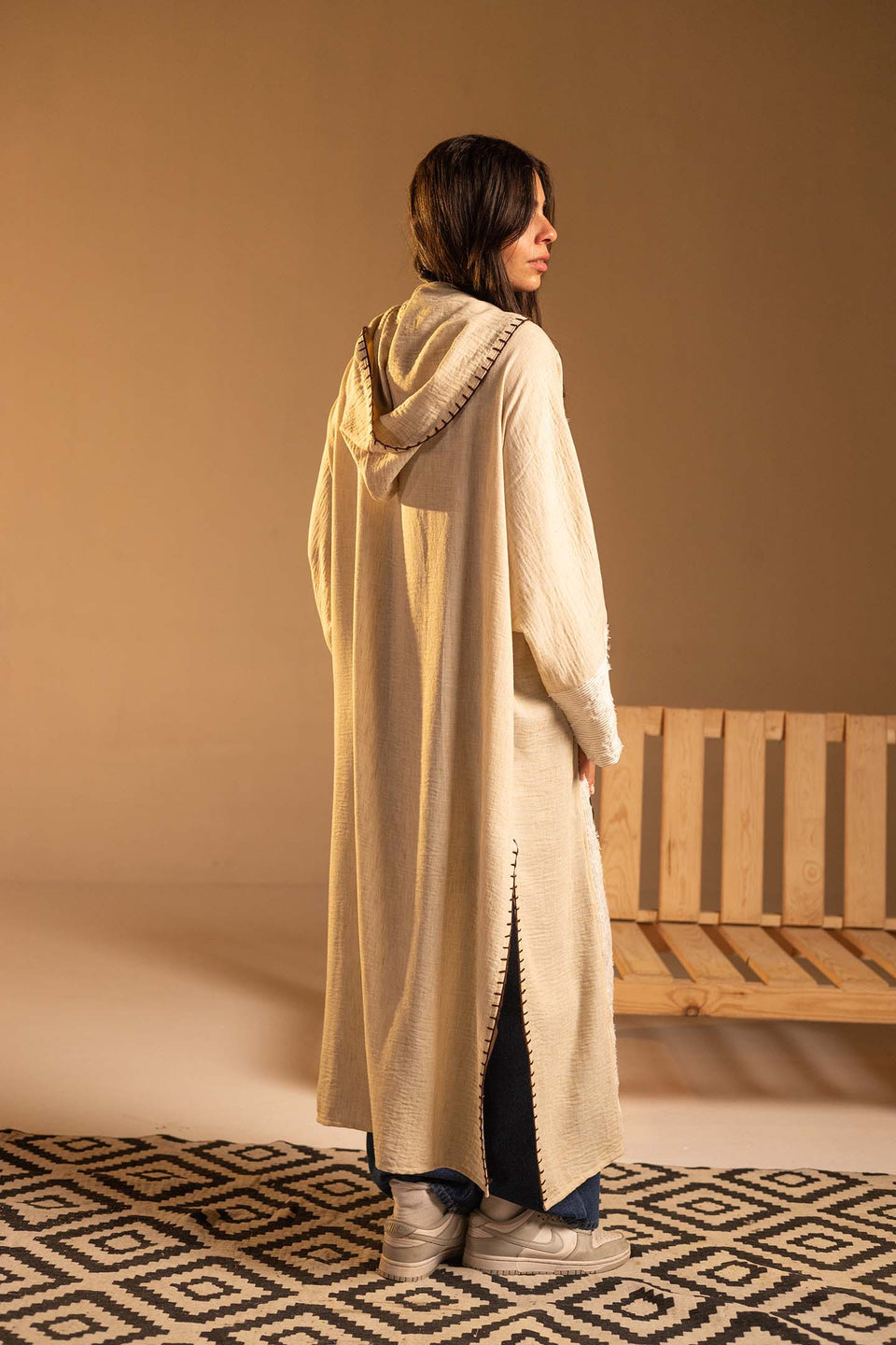 Beige Hooded Fringe Abaya Cardigan