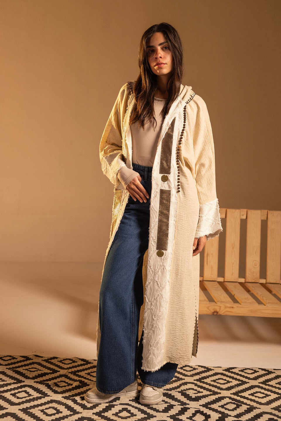 Beige Hooded Fringe Abaya Cardigan