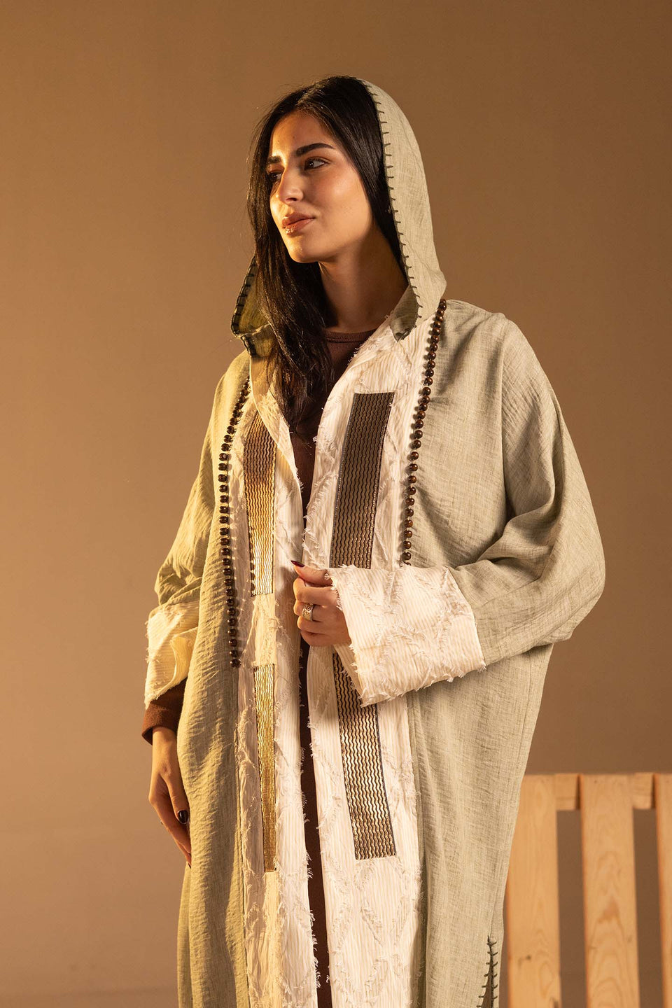 Olive Hooded Fringe Abaya Cardigan