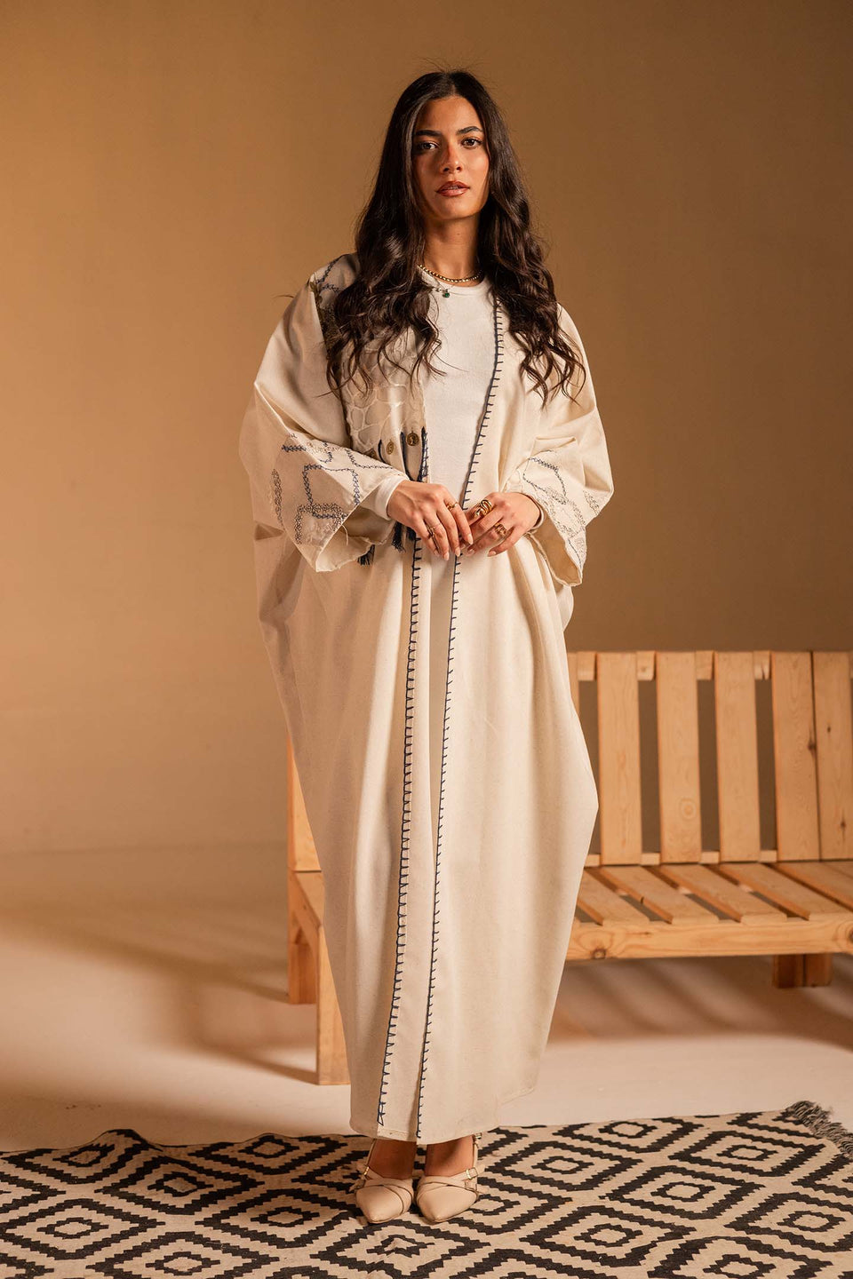 Off White Coin Tassel Embroidered Abaya