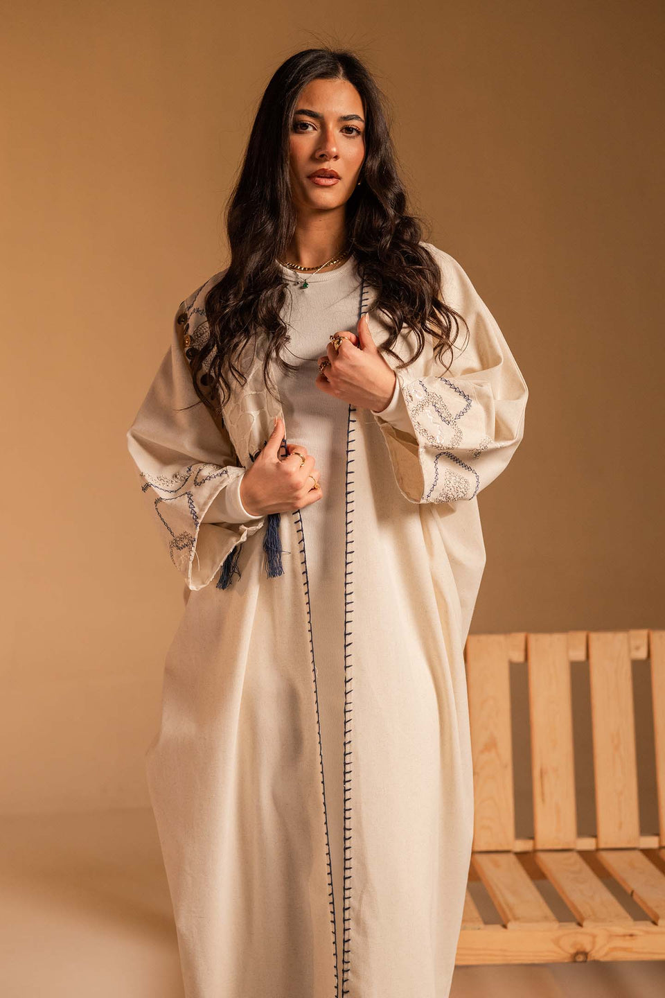 Off White Coin Tassel Embroidered Abaya