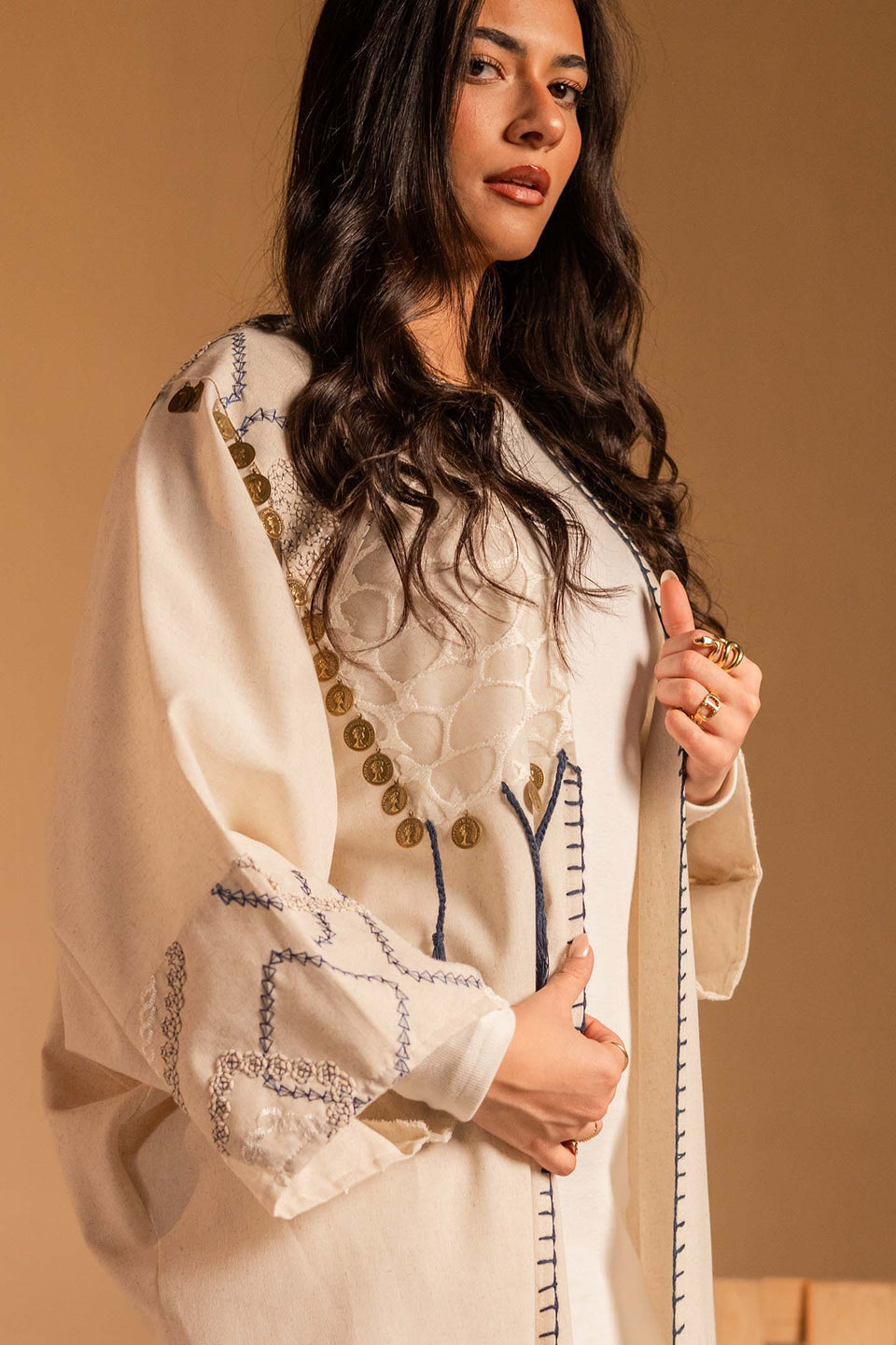 Off White Coin Tassel Embroidered Abaya
