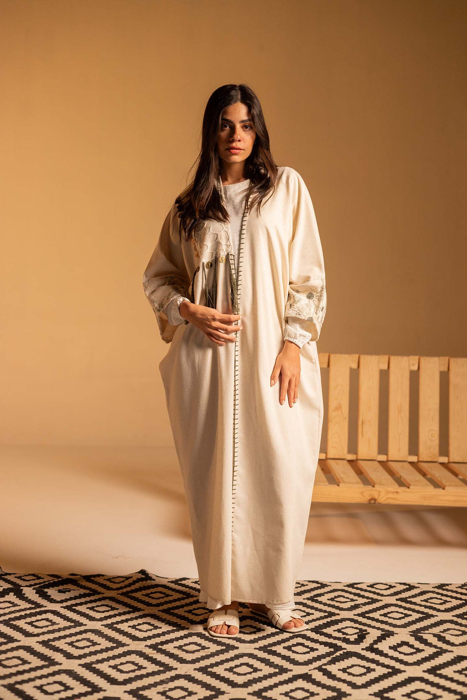 Olive Coin Tassel Embroidered Abaya
