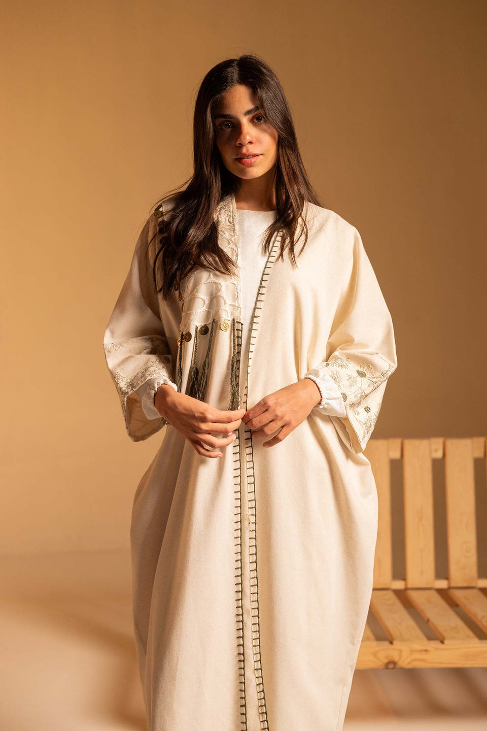 Olive Coin Tassel Embroidered Abaya