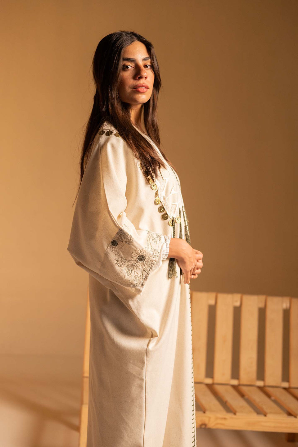Olive Coin Tassel Embroidered Abaya