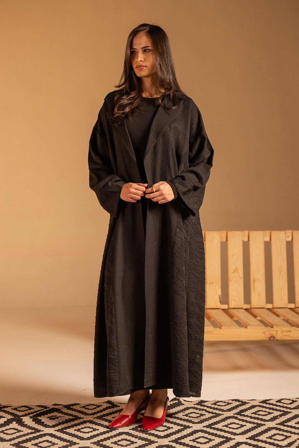 Black Jacquard Open Abaya with Wide Sleeves
