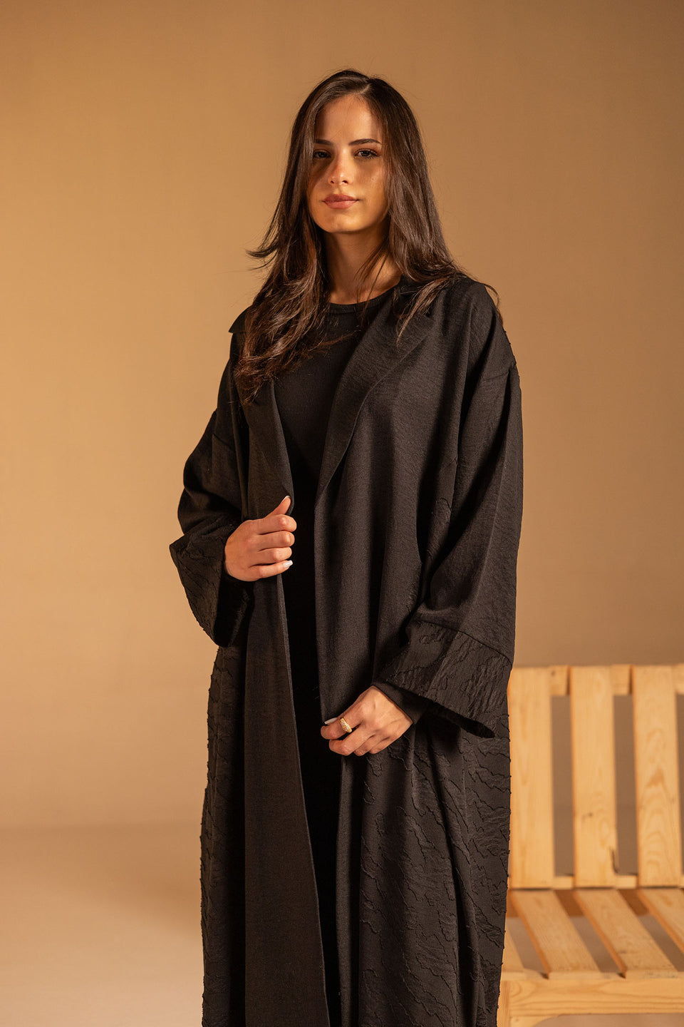 Black Jacquard Open Abaya with Wide Sleeves