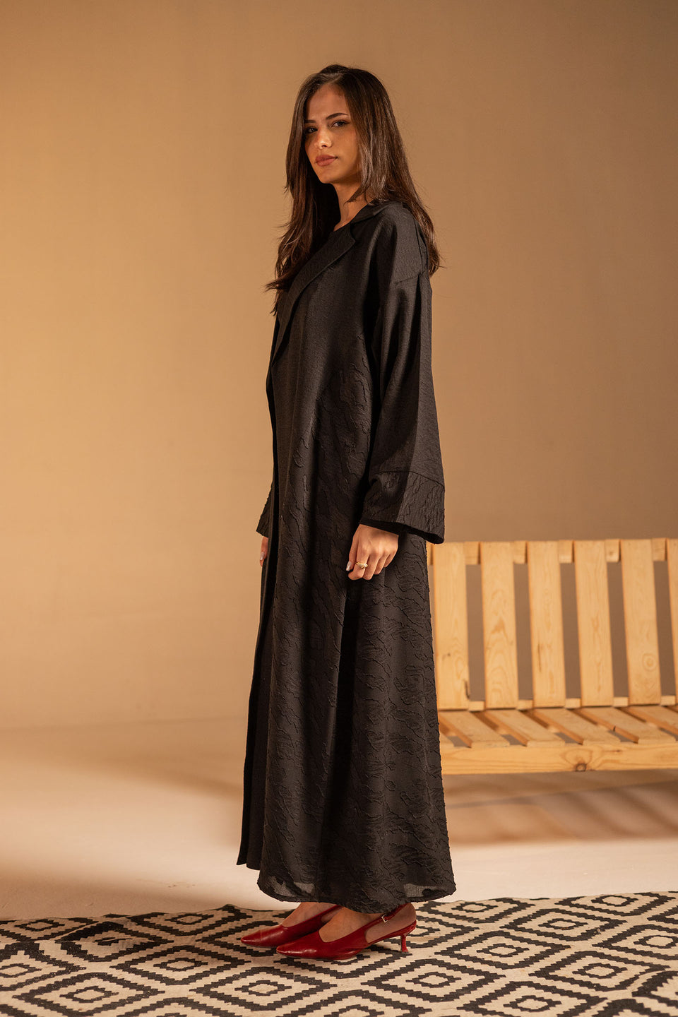 Black Jacquard Open Abaya with Wide Sleeves