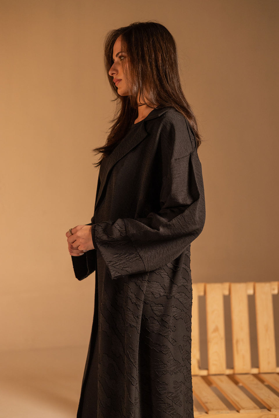 Black Jacquard Open Abaya with Wide Sleeves