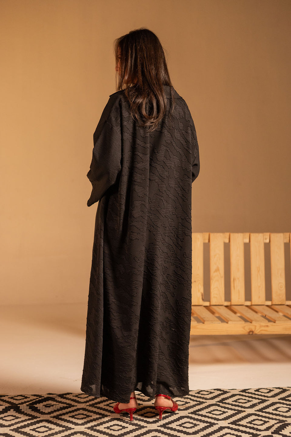 Black Jacquard Open Abaya with Wide Sleeves