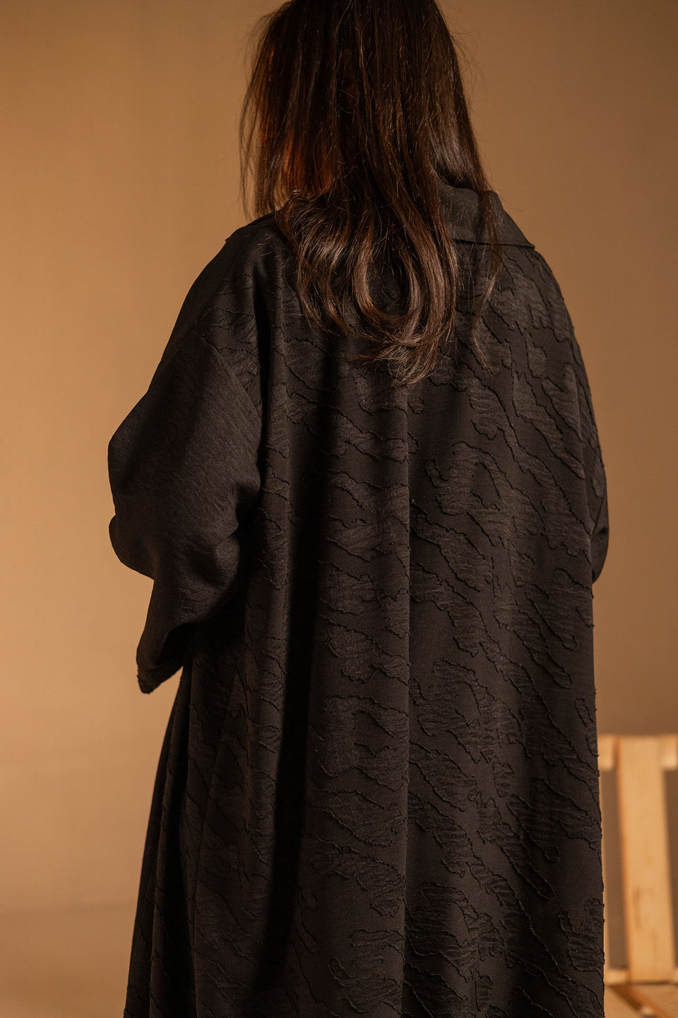 Black Jacquard Open Abaya with Wide Sleeves