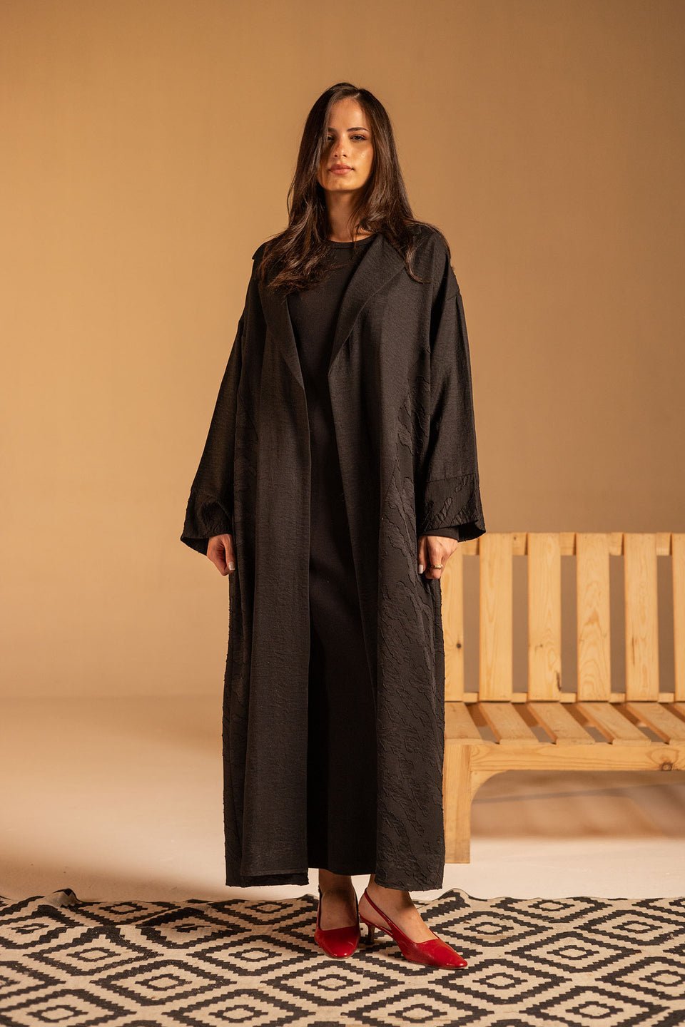 Black Jacquard Open Abaya with Wide Sleeves