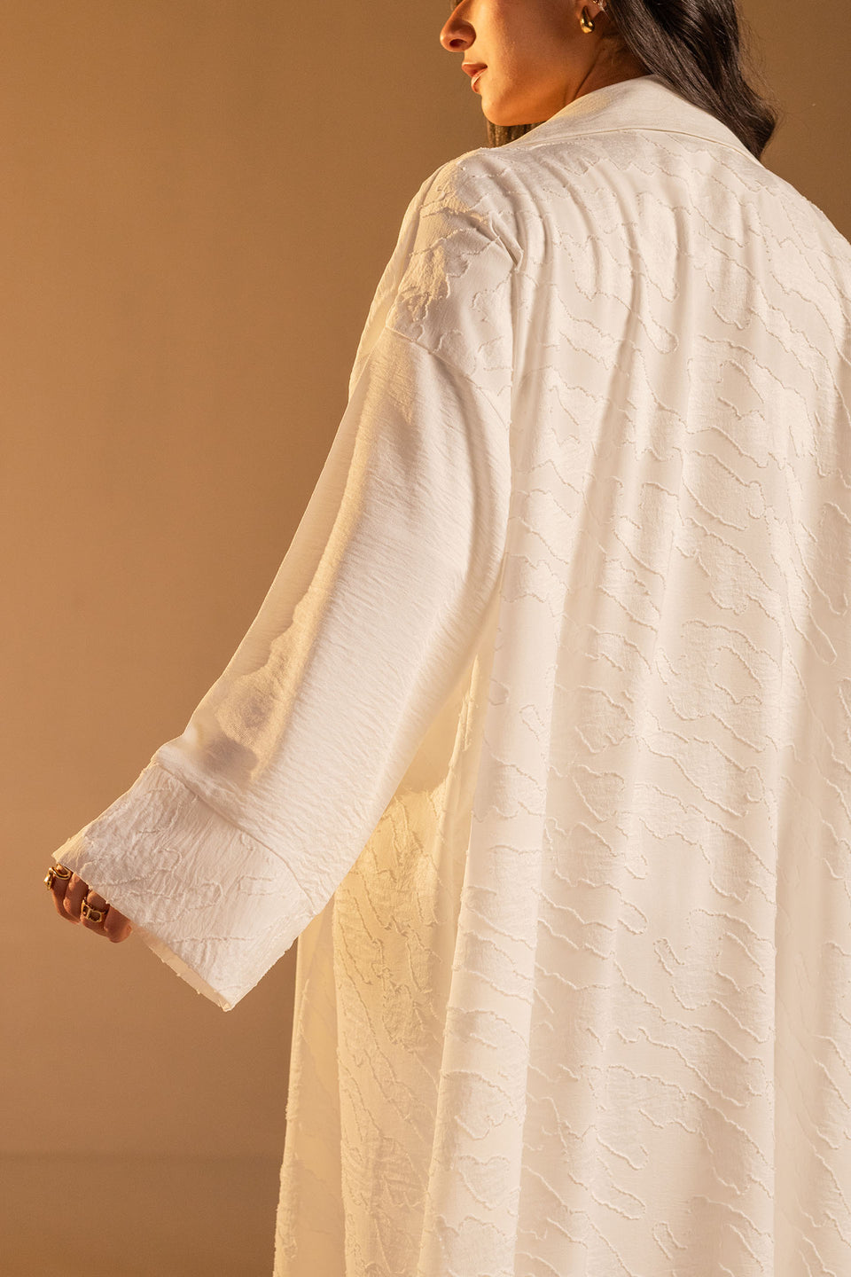 White Jacquard Open Abaya with Wide Sleeves