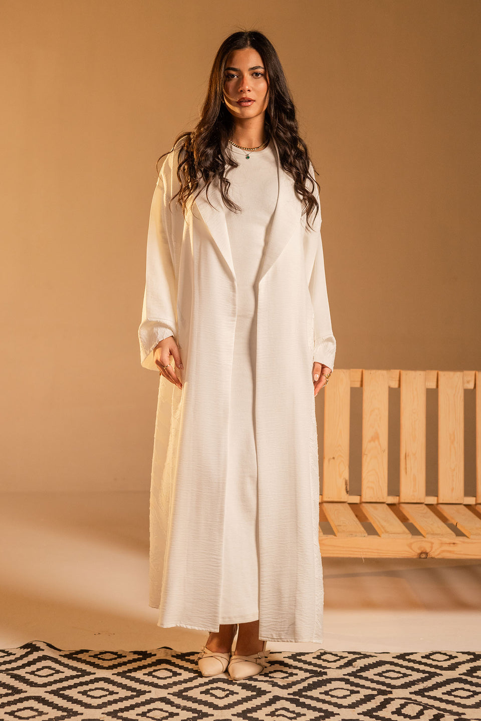 White Jacquard Open Abaya with Wide Sleeves