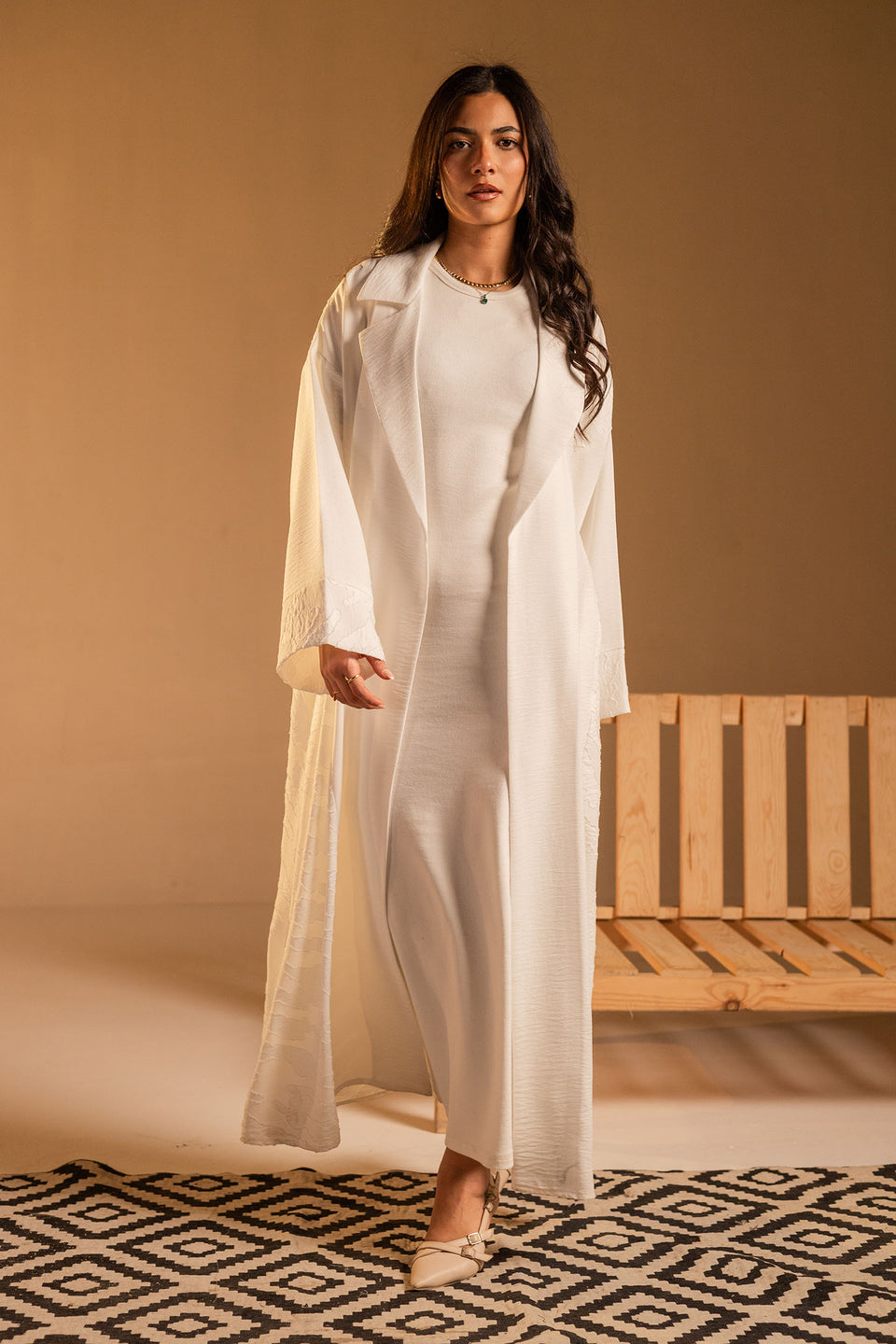 White Jacquard Open Abaya with Wide Sleeves
