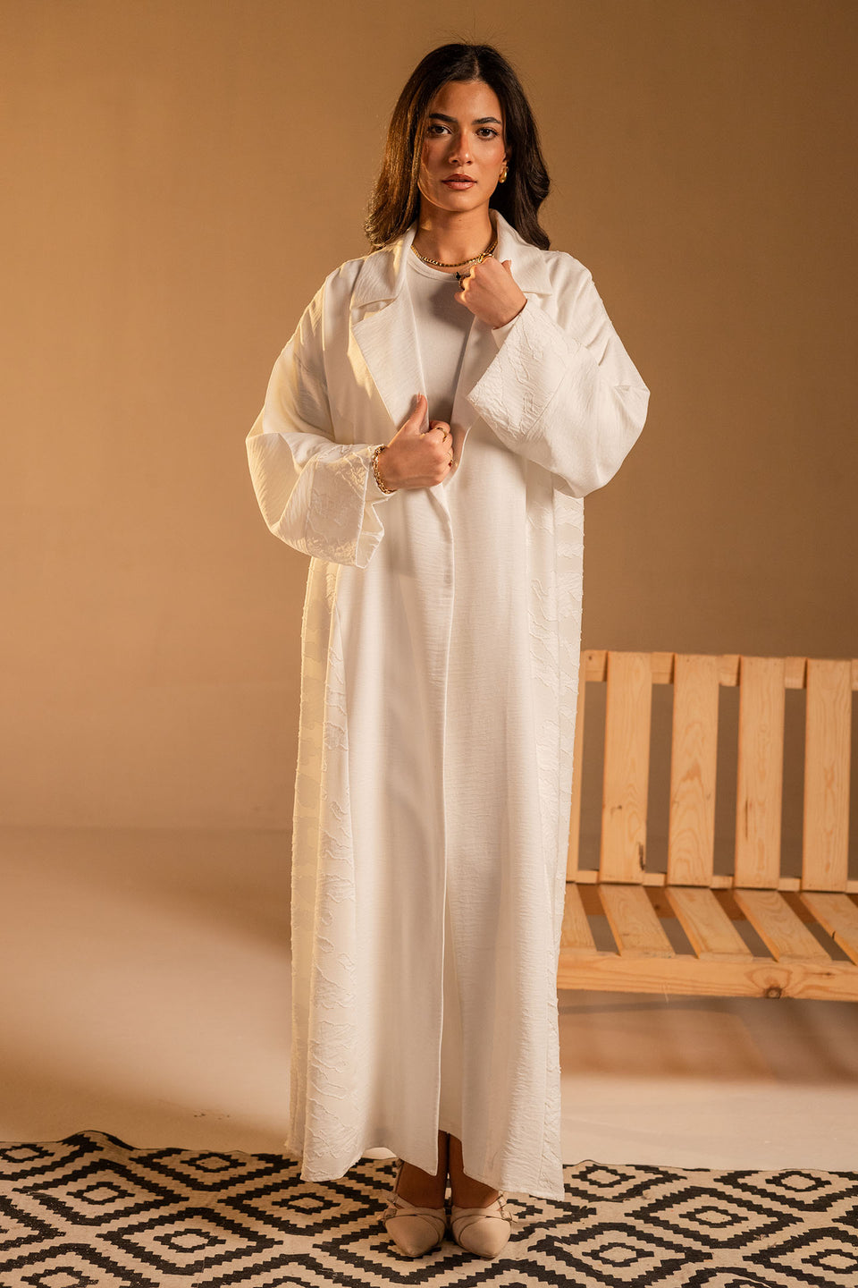 White Jacquard Open Abaya with Wide Sleeves