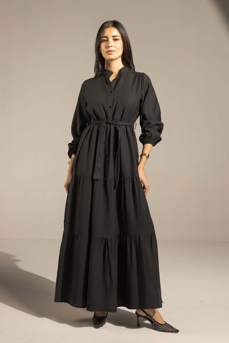Black Tiered Belted Maxi Dress