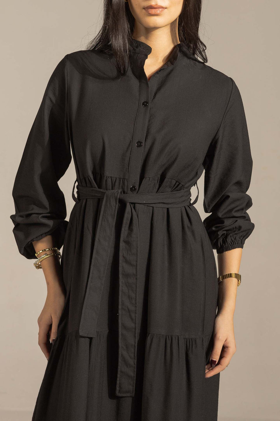 Black Tiered Belted Maxi Dress